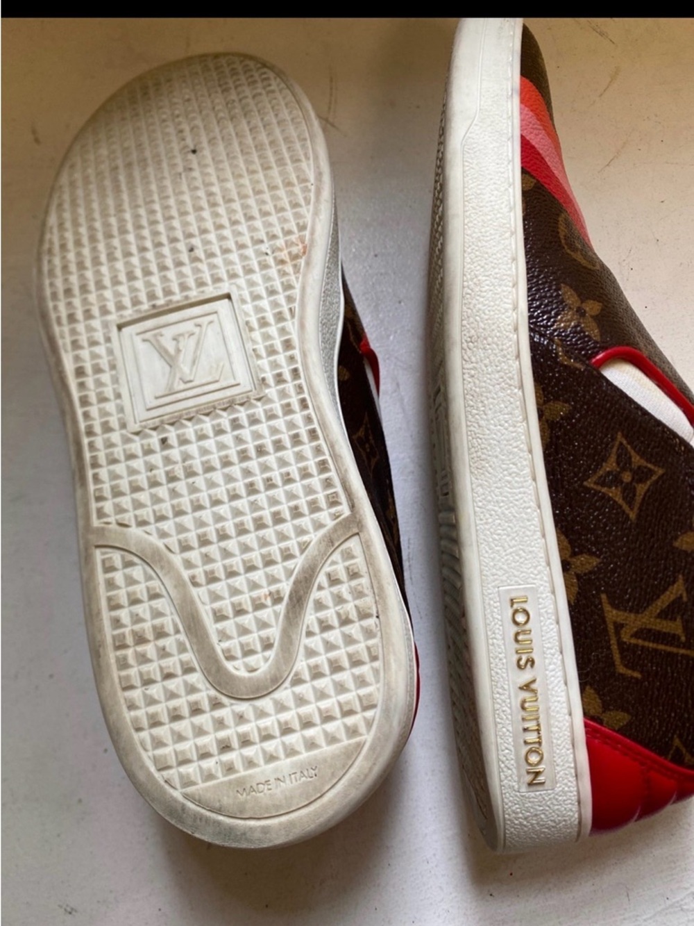 Louis Vuitton Brown Monogram Slip-Ons with Red and Pink Diagonal Stripes - Picture 4 of 5